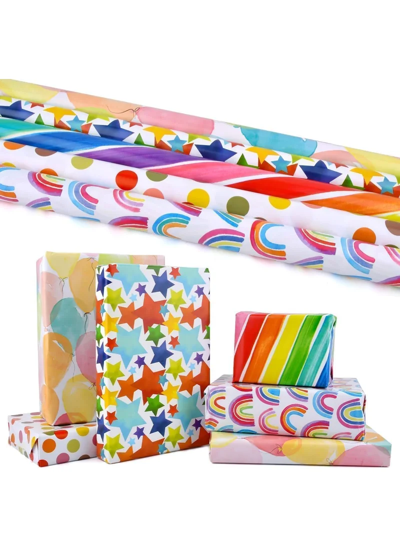 QUESERA 4-Pack PREMIUM Gift Wrapping Paper Rolls – 12 Meters | 4 Colorful Designs – Rainbows, Stars, Polka Dots & Balloons