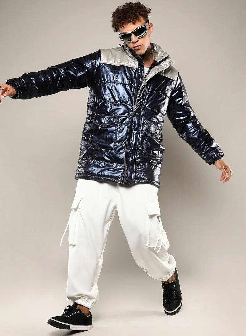 كامبوس سوترا Men's Blue & Beige Zip-Front Puffer Jacket With Fur Detail