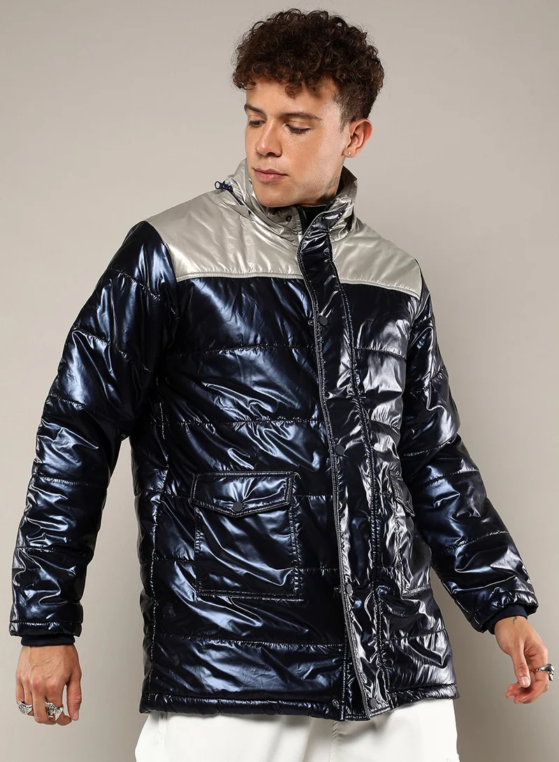كامبوس سوترا Men's Blue & Beige Zip-Front Puffer Jacket With Fur Detail