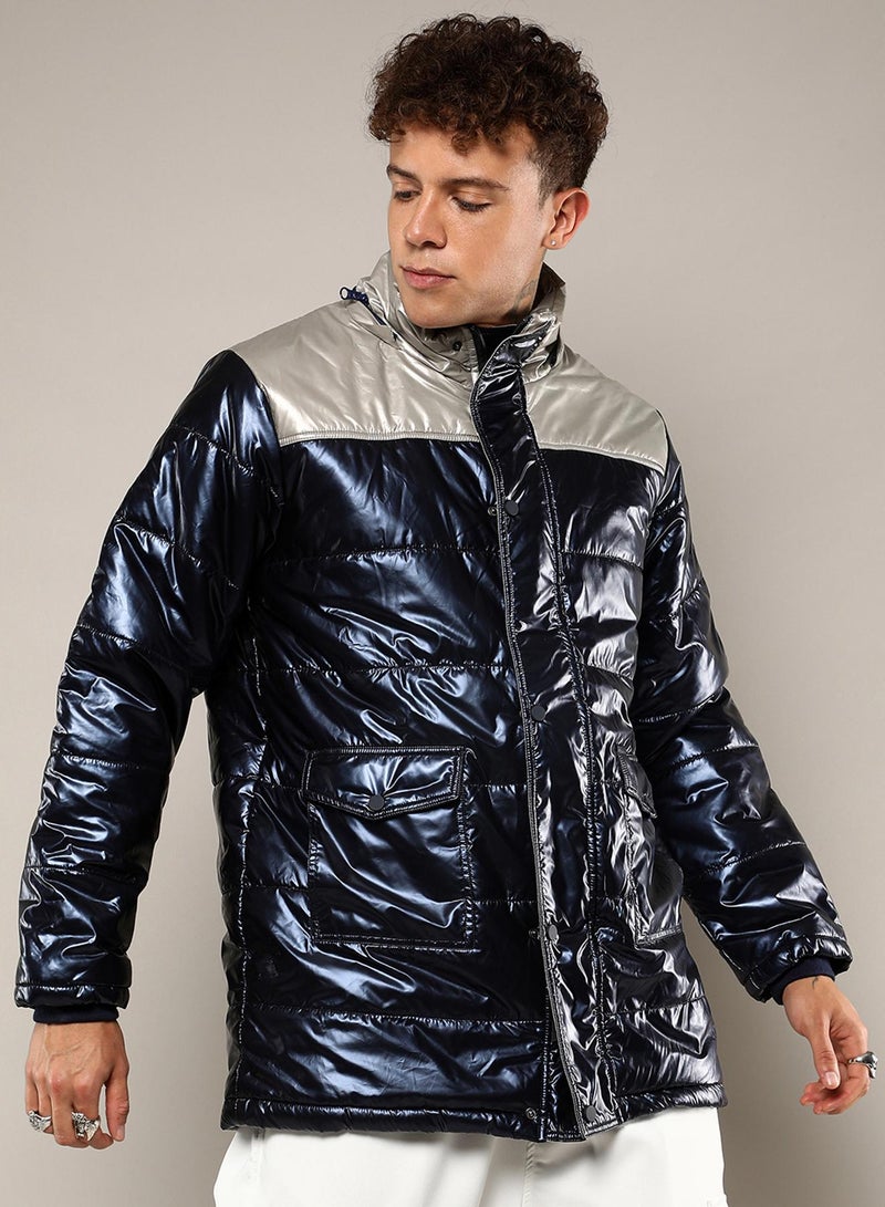 كامبوس سوترا Men's Blue & Beige Zip-Front Puffer Jacket With Fur Detail  - Image 3