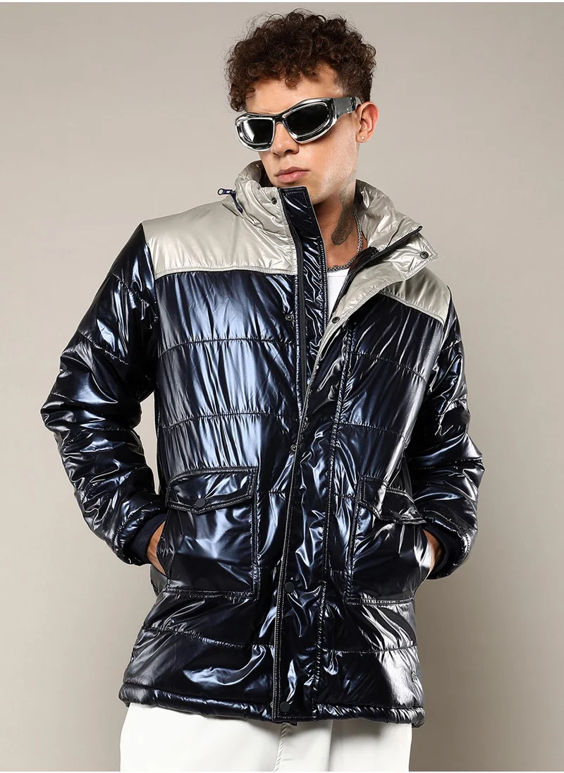 Campus Sutra Men's Blue & Beige Zip-Front Puffer Jacket With Fur Detail