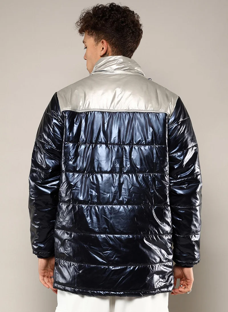 كامبوس سوترا Men's Blue & Beige Zip-Front Puffer Jacket With Fur Detail