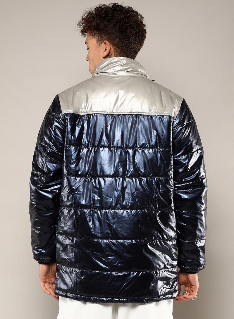 كامبوس سوترا Men's Blue & Beige Zip-Front Puffer Jacket With Fur Detail  - Image 5