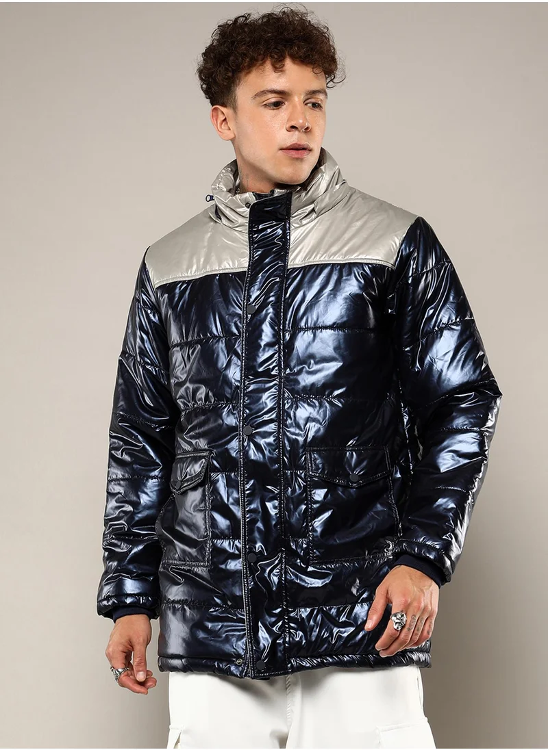 Campus Sutra Men's Blue & Beige Zip-Front Puffer Jacket With Fur Detail