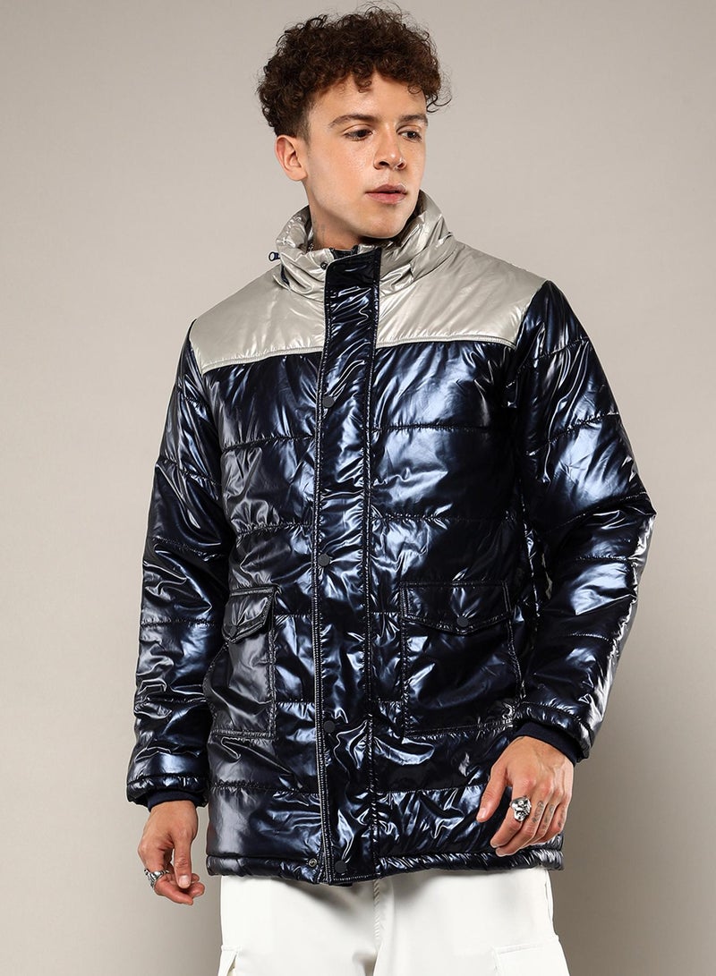 كامبوس سوترا Men's Blue & Beige Zip-Front Puffer Jacket With Fur Detail  - Image 2