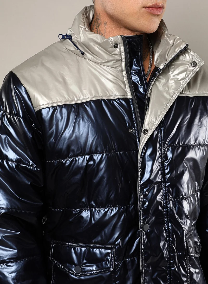 كامبوس سوترا Men's Blue & Beige Zip-Front Puffer Jacket With Fur Detail