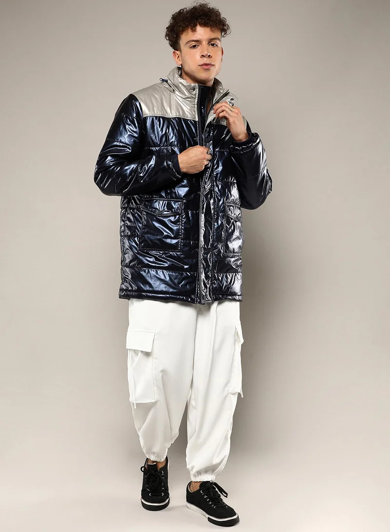 كامبوس سوترا Men's Blue & Beige Zip-Front Puffer Jacket With Fur Detail