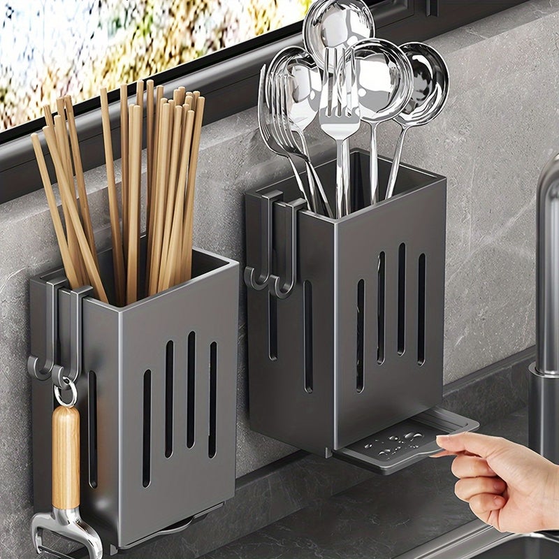 1pc Kitchen Cutlery Organizer With Drain Pan And 2 Hooks White Easy To Install Wall Mounted Or Freestanding Chopstick Holder Multi Compartment Design For RV Kitchen Or Outdoor Camping - Image 2