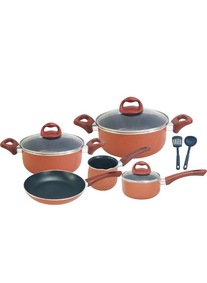 10-Piece Cookware Set Non-Stick Aluminum With Tempered Glass Lid & Heat Resistant Handle Size 9,18,20,24,24CM Brown 