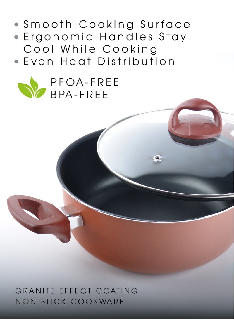 Trust - 10-Piece Cookware Set Non-Stick Aluminum With Tempered Glass Lid & Heat Resistant Handle Size 9,18,20,24,24CM Brown - Image 1