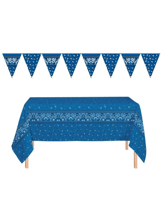 أوجامي غطاء طاولة بلاستيكي بتصميم غربي من أوجامي، عبوة من 4 قطع، مقاس 54 بوصة × 108 بوصة، يتضمن رايتين (أزرق) - Image 2