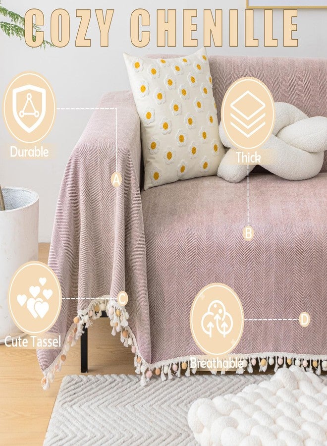 HANDONTIME Soild Couch Covers for Dogs Pink-Purple Sofa Covers Boho Cover for Sofa 3 Seats Chenille Sofa Throw Cover Mauve Sofa Covers for 3 Cushion Couch Tassel Sofa Cover, 71" X118" - Image 2