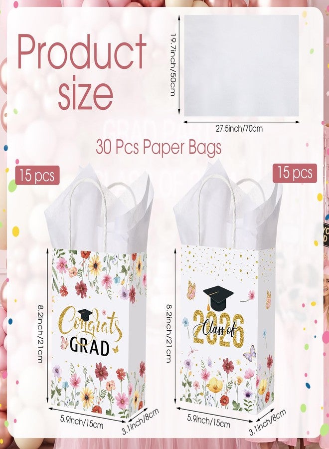 Epakh 30 Pcs Graduation Gift Bags 2026 Bulk with Handle and Tissue Paper, Wildflower Class of 2026 Goodie Bags Congrats Grad Party Supplies Paper Wrap Bag for College Kindergarten Flower Grad (White - Image 2