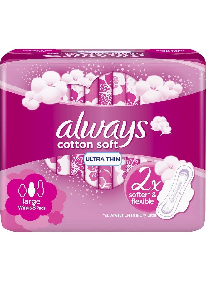 Always Cotton Soft Ultra, Large Sanitary Pads With Wings, 8 Count - Image 1