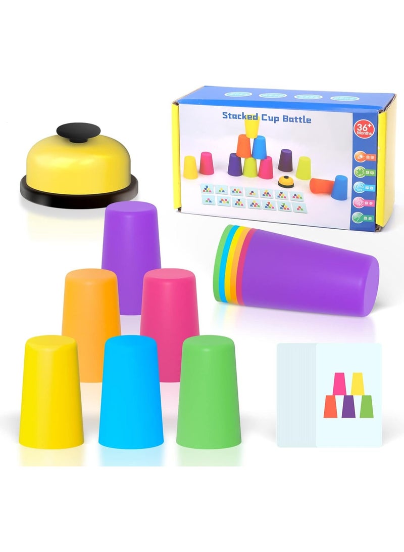 أكواب رياضية قابلة للتكديس، أكواب سريعة التكديس للأطفال والكبار، مع 12 كوبًا سريعًا و50 بطاقة وجرس استدعاء واحد، مجموعة ألعاب سريعة لتدريب تكديس الأكواب، لعبة أكواب تكديس للأطفال - Image 1