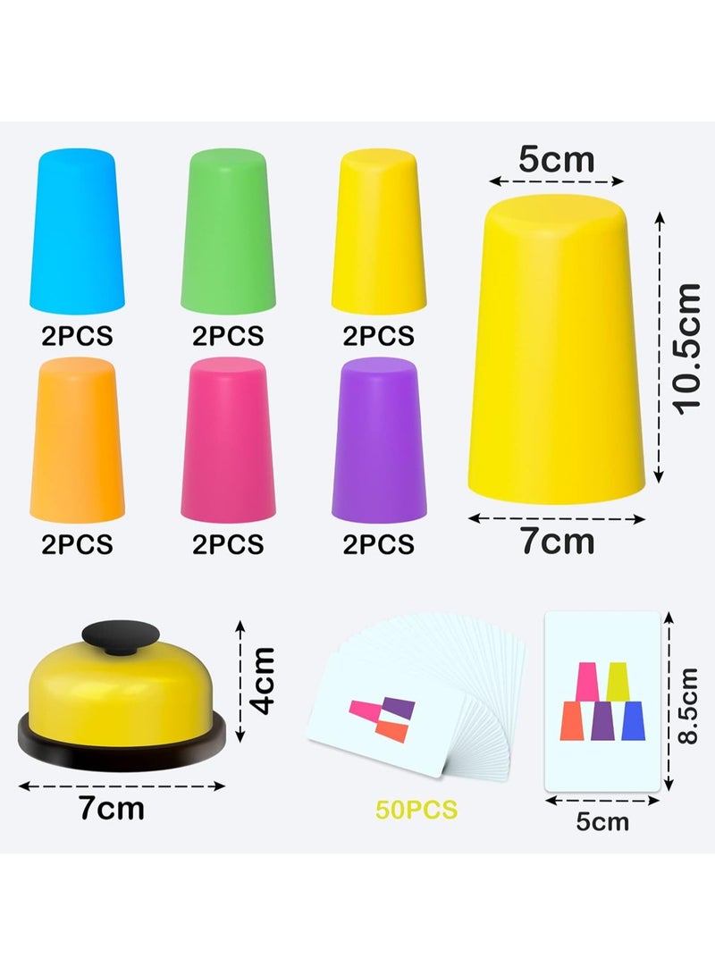 أكواب رياضية قابلة للتكديس، أكواب سريعة التكديس للأطفال والكبار، مع 12 كوبًا سريعًا و50 بطاقة وجرس استدعاء واحد، مجموعة ألعاب سريعة لتدريب تكديس الأكواب، لعبة أكواب تكديس للأطفال - Image 2