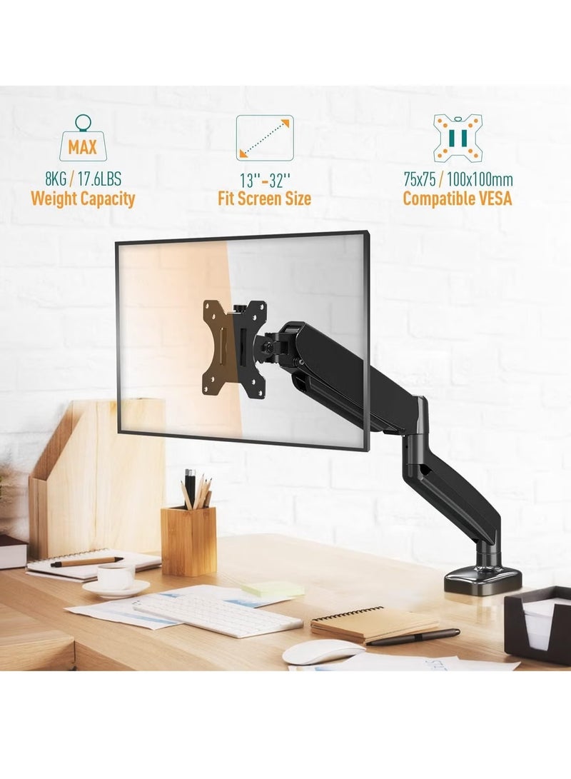 JAJEEK Single Monitor Arm for 13-32 Inch Monitors, Gas Spring Arm with 360° Rotation, VESA 75x75/100x100mm, C-Clamp & Grommet Base, Adjustable Stand for Monitors up to 8KG - Image 3