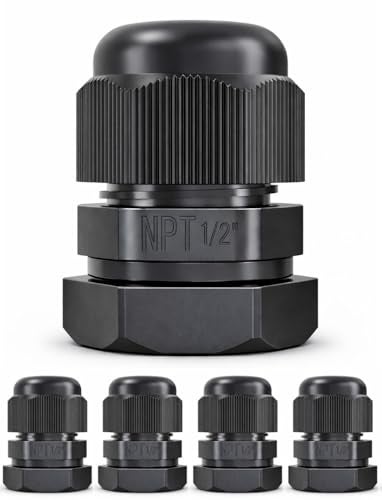MGI SpeedWare 1/2" NPT Strain Relief Nylon Cord Grip Cable Glands, Black Plastic Grommet 5-Pack - Image 1