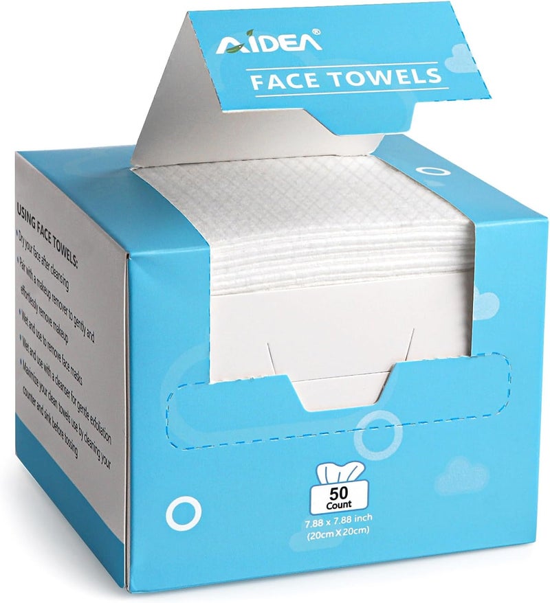 AIDEA Face Towels Disposable50Ct 1 Box Clean Facial Towels Facial Cleansing Wipes for Sensitive Skin Face Towelettes for Makeup Removing Nursing Travel Dry Wipes
