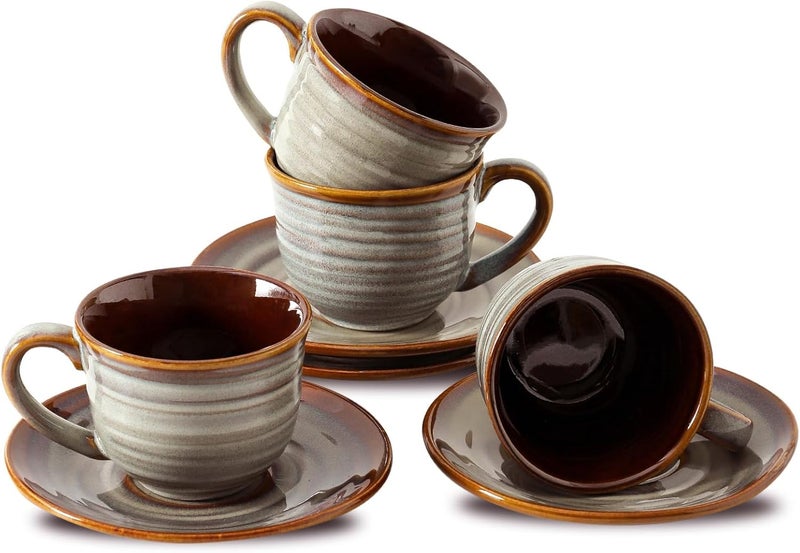 Hasense Ceramic Tea Cups and Saucers 8oz Cappuccino Cups Set of 4 Espresso Coffee Mugs for Home and Office Perfect for Coffee Cappuccino Latte Americano Milk and Tea  Grey Brown - Image 1