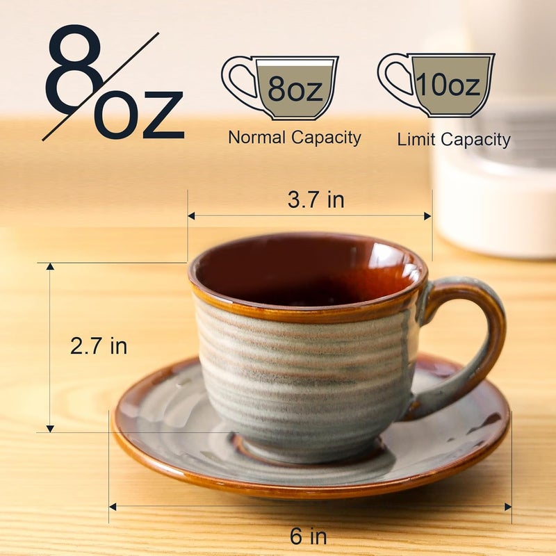 Hasense Ceramic Tea Cups and Saucers 8oz Cappuccino Cups Set of 4 Espresso Coffee Mugs for Home and Office Perfect for Coffee Cappuccino Latte Americano Milk and Tea  Grey Brown - Image 3