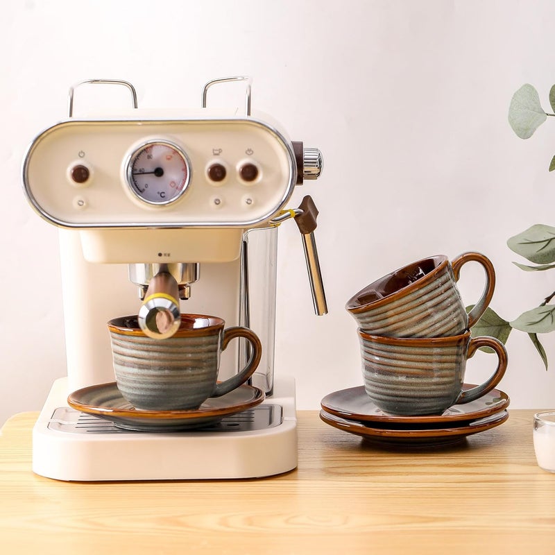 Hasense Ceramic Tea Cups and Saucers 8oz Cappuccino Cups Set of 4 Espresso Coffee Mugs for Home and Office Perfect for Coffee Cappuccino Latte Americano Milk and Tea  Grey Brown - Image 5