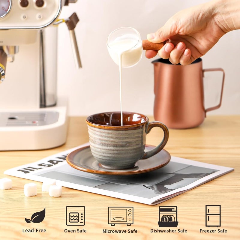 Hasense Ceramic Tea Cups and Saucers 8oz Cappuccino Cups Set of 4 Espresso Coffee Mugs for Home and Office Perfect for Coffee Cappuccino Latte Americano Milk and Tea  Grey Brown - Image 4