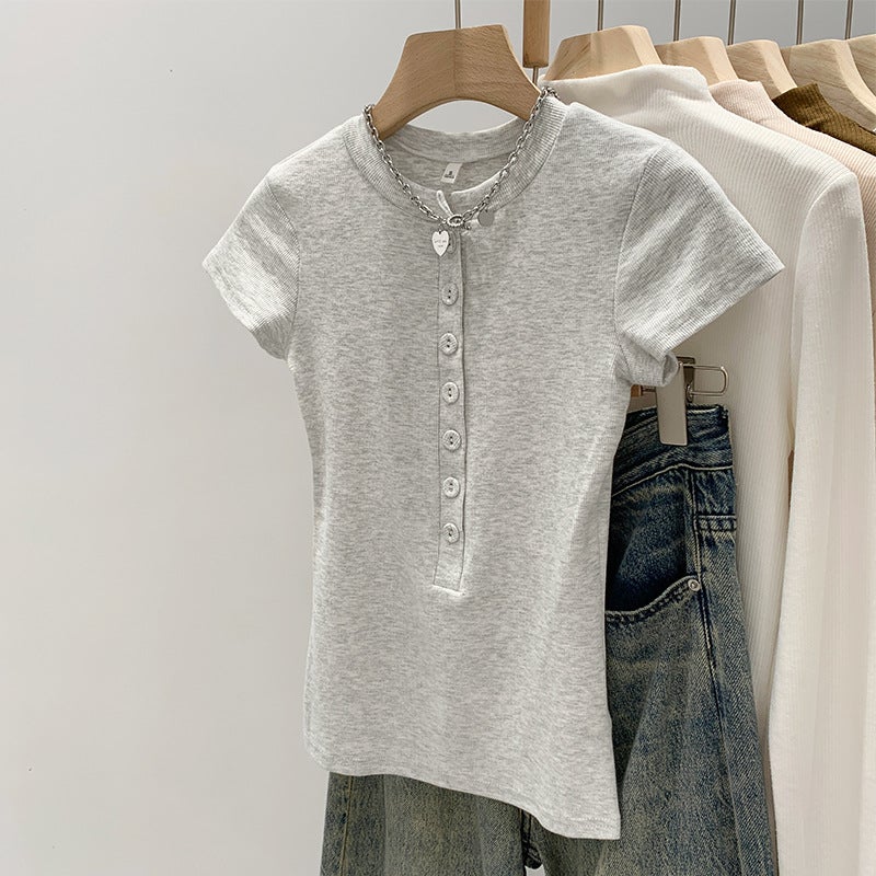 2026 Early Spring Slightly Stretchy Spicy Girl Style Short-Sleeve Regular Shoulder T-Shirt For Women, New Summer -Selling Half-Open Collar Slim Fit - Image 2