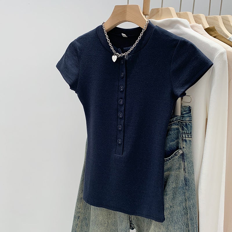 2026 Early Spring Slightly Stretchy Spicy Girl Style Short-Sleeve Regular Shoulder T-Shirt For Women, New Summer -Selling Half-Open Collar Slim Fit - Image 1