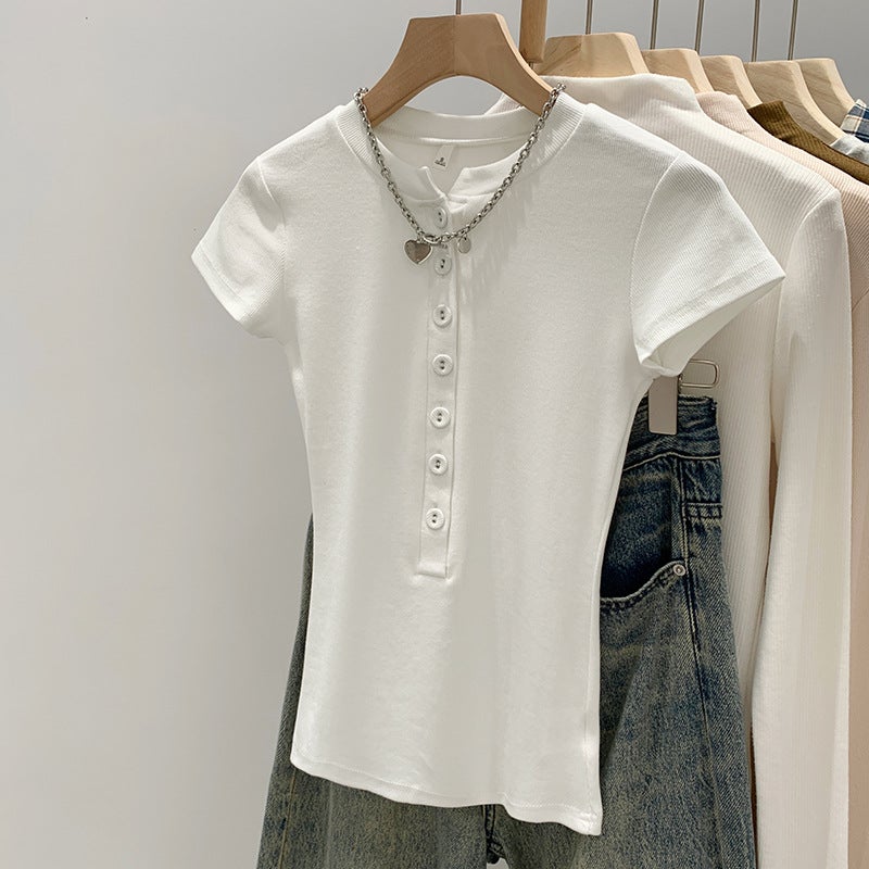 2026 Early Spring Slightly Stretchy Spicy Girl Style Short-Sleeve Regular Shoulder T-Shirt For Women, New Summer -Selling Half-Open Collar Slim Fit - Image 4