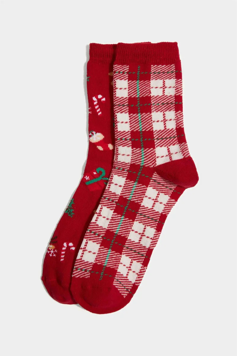 Defacto Woman Christmas Themed Printed 2 Piece Cotton Long Socks