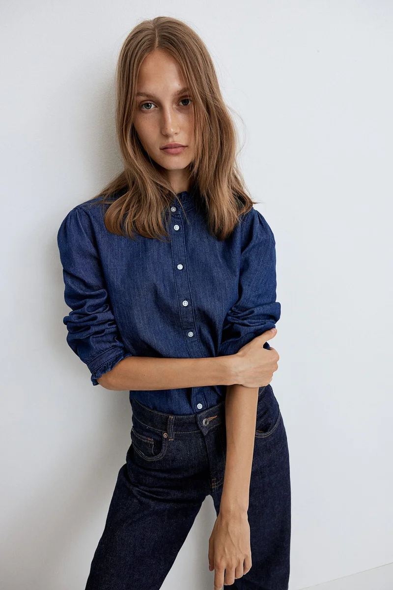 H&M Frill-Trimmed Denim Blouse