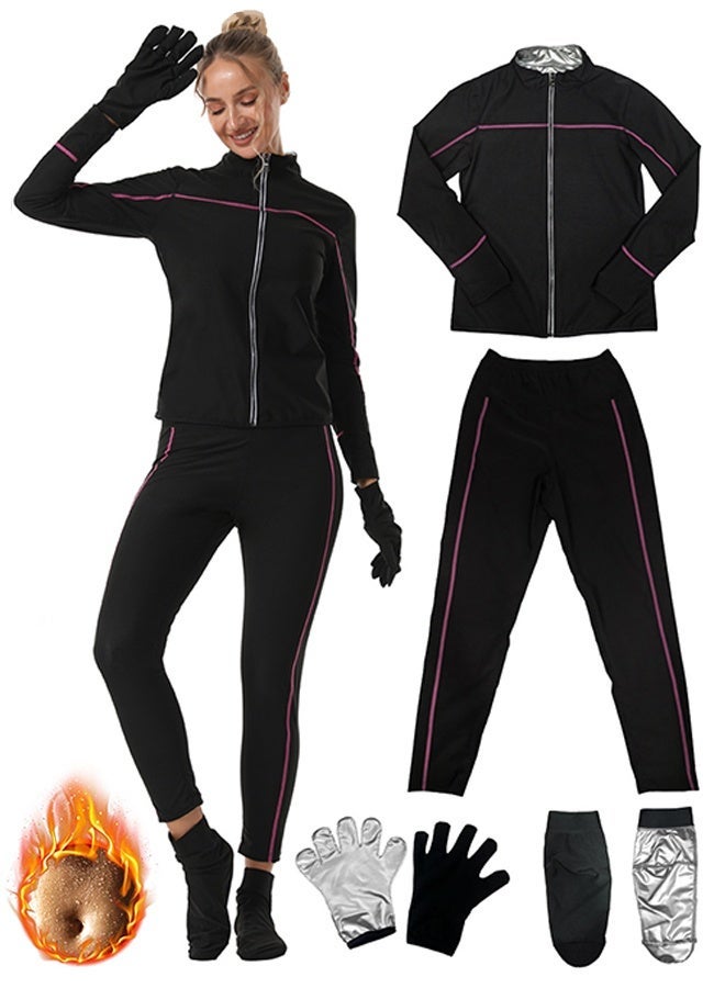 Bukela Women's Sauna Suit Sweat Set for Weight Loss, Zipper Long Sleeve Top & High-Waist Shaping Pants with Gloves & Socks - Image 2