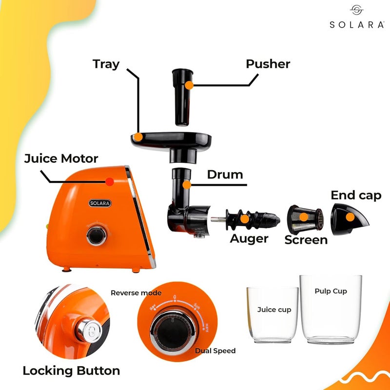 SOLARA عصارة باردة للمنزل، عصارة بطيئة مضغوطة للفاكهة والخضروات، آلة عصارة كهربائية مع وظيفة عكسية، إنتاج عصير عالي، سهل التنظيف، خالية من BPA، برتقالية - Image 2
