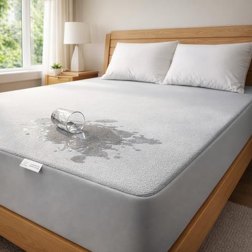 MY ARMOR Waterproof Mattress Protector King Size, 78x72, 6.5x6 feet, Double Bed Protector Sheet Cover, Breathable and Hypoallergenic Ultra Soft Fitted Terry Cotton Feel Fabric, Elastic Skirting, Grey - Image 1