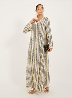 stripe pattern print A line jalabiya w/ shell tassel trim at neck and sleeve hem