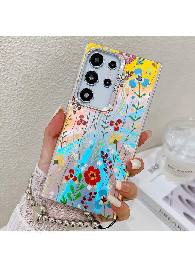 اس-توب جراب لهاتف Samsung Galaxy S22 Ultra 5G، جراب هاتف مطلي بالكهرباء ومزين بزهرة ليزر مع حزام معصم - Image 1