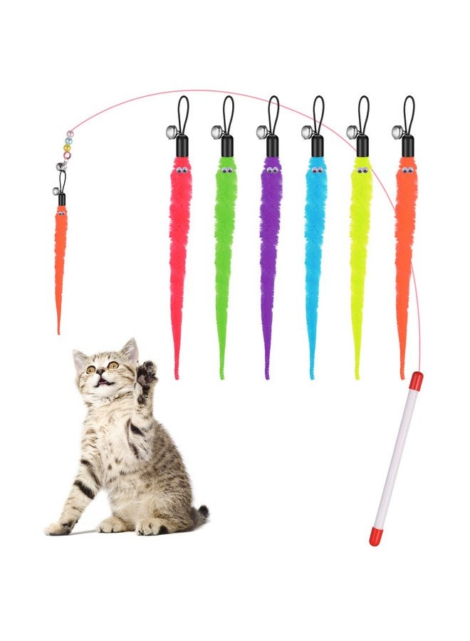 COBEE Cat Toys Wand Replacement, 6Pcs Furry Tail Worms With Bells + Cat Fishing Pole Toy, Cat Wand Toy Replacement Refills, Assorted Teaser Refills With Bell For Cat Kitten - Image 1