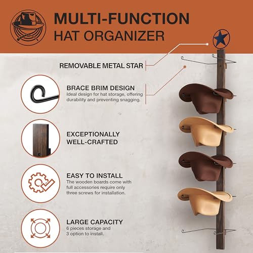 Paladin P-ALADIN Cowboy Hat Holder, Cowboy Hat Rack for Wall, 6-Piece Wall-Mount Western Hat Organizer with Wooden Board – Storage Hat Holder Organizer - Image 4