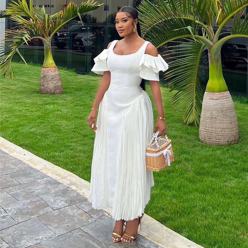 African Style Women's U-Neck Ruffle Sleeve High Waist Maxi Dress - Image 3