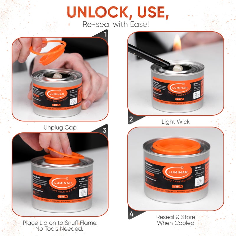 Luminar Resealable-Wick Chafing Fuel Cans, 24 Pack, 4 Hour - Premium Quality Burners for Food Warmers - No More Spills, Waste, or Hassle - Perfect for Convenient, and Long-Lasting Event Catering - Image 3