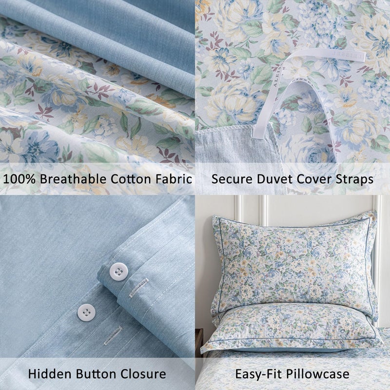 ALEISSEL 100% Cotton Duvet Cover King Size 3PC - Romantic Style Blooms in Blue, Beige and White, Elegant Reversible Design, Luxurious Blue Bedding Sets with Button Closure (King, 104"Ã—90") - Image 5
