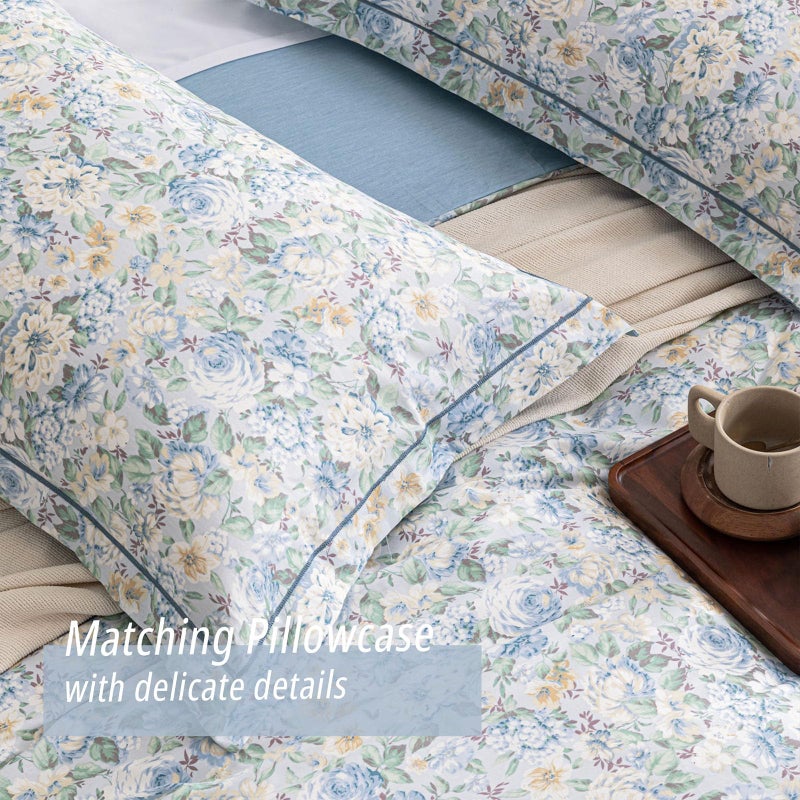 ALEISSEL 100% Cotton Duvet Cover King Size 3PC - Romantic Style Blooms in Blue, Beige and White, Elegant Reversible Design, Luxurious Blue Bedding Sets with Button Closure (King, 104"Ã—90") - Image 4