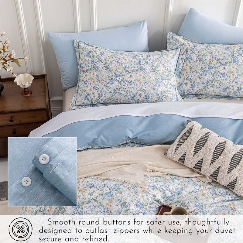 ALEISSEL 100% Cotton Duvet Cover King Size 3PC - Romantic Style Blooms in Blue, Beige and White, Elegant Reversible Design, Luxurious Blue Bedding Sets with Button Closure (King, 104"Ã—90") - Image 3