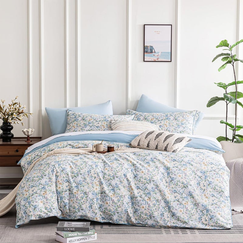 ALEISSEL 100% Cotton Duvet Cover King Size 3PC - Romantic Style Blooms in Blue, Beige and White, Elegant Reversible Design, Luxurious Blue Bedding Sets with Button Closure (King, 104"Ã—90") - Image 1