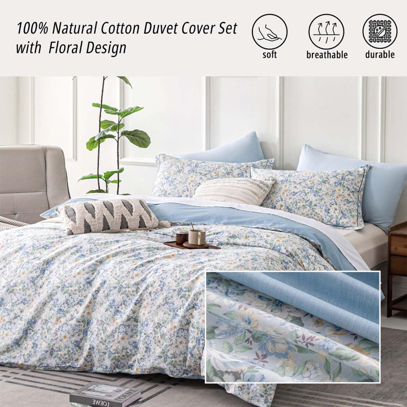 ALEISSEL 100% Cotton Duvet Cover King Size 3PC - Romantic Style Blooms in Blue, Beige and White, Elegant Reversible Design, Luxurious Blue Bedding Sets with Button Closure (King, 104"Ã—90") - Image 2