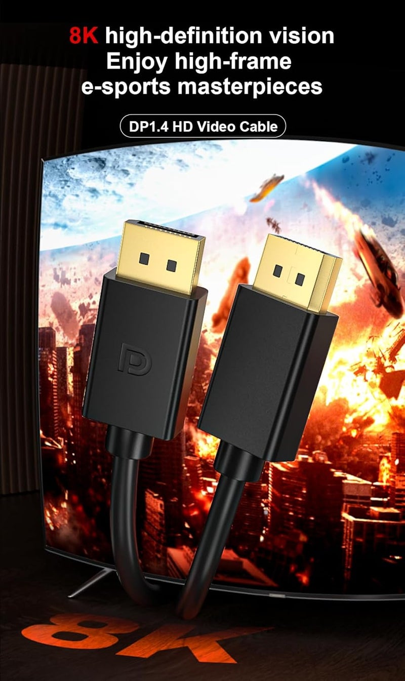 كيو سي اي اس كابل DisplayPort 1.4، طول 3.3 قدم، كابل DP 8K، سلك Display Port يدعم 8K@60Hz، 4K@144Hz، 2K@240Hz، HDR، موصلات مطلية بالذهب 32.4 جيجابت في الثانية لشاشات الألعاب، FreeSync/G-Sync، الكمبيوتر الشخصي، اللابتوب، التلفزيون - Image 2