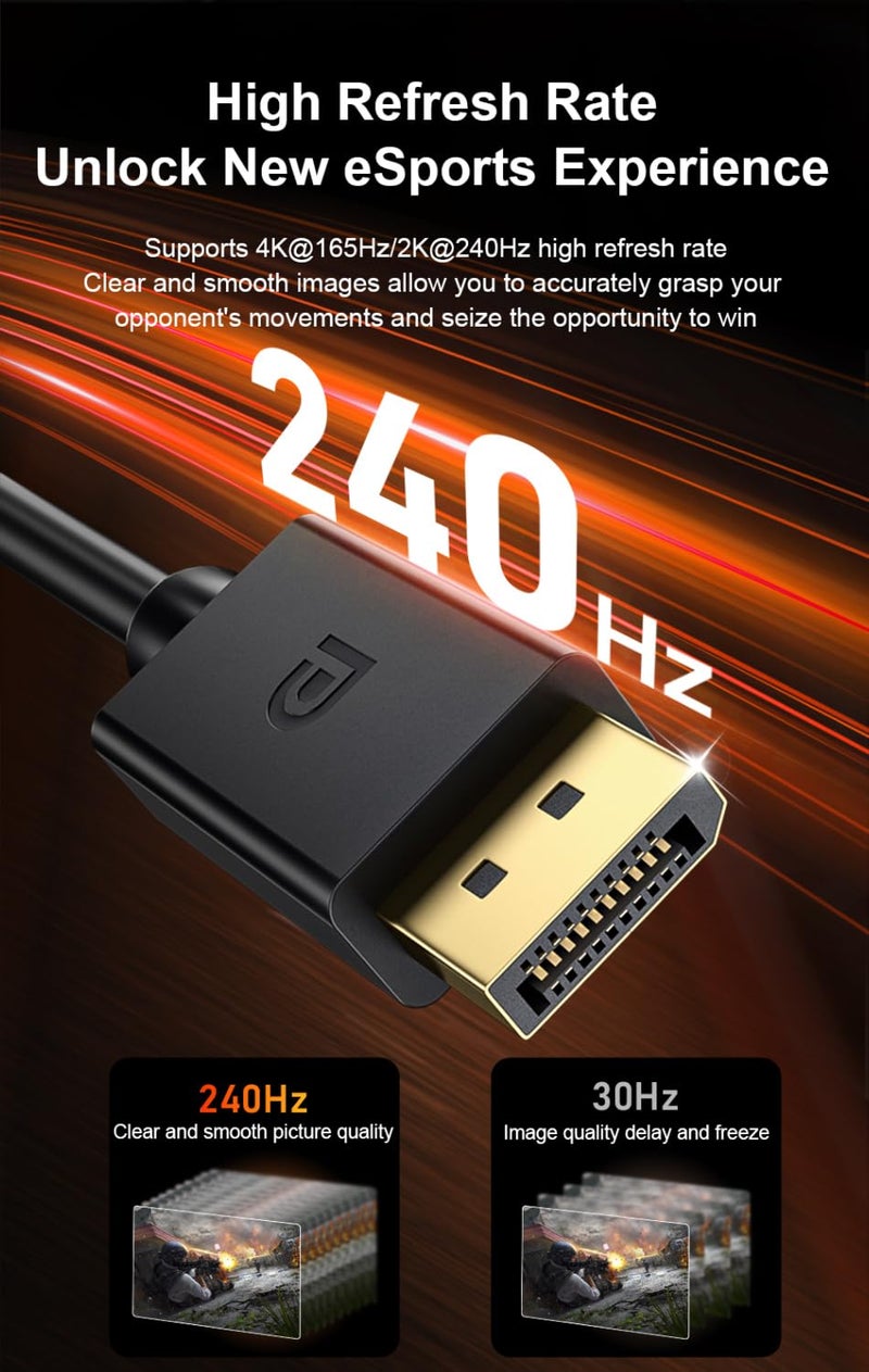 كيو سي اي اس كابل DisplayPort 1.4، طول 3.3 قدم، كابل DP 8K، سلك Display Port يدعم 8K@60Hz، 4K@144Hz، 2K@240Hz، HDR، موصلات مطلية بالذهب 32.4 جيجابت في الثانية لشاشات الألعاب، FreeSync/G-Sync، الكمبيوتر الشخصي، اللابتوب، التلفزيون - Image 3