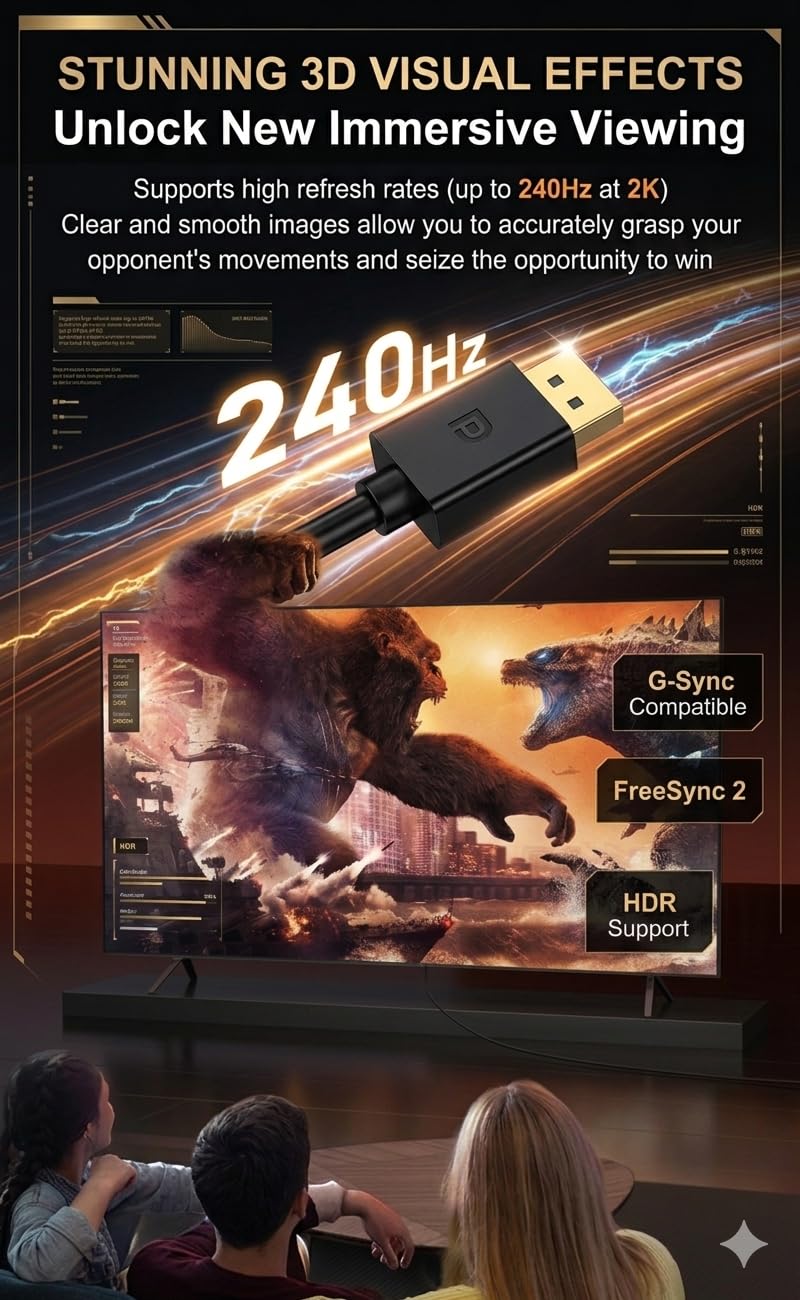 كيو سي اي اس كابل DisplayPort 1.4، طول 3.3 قدم، كابل DP 8K، سلك Display Port يدعم 8K@60Hz، 4K@144Hz، 2K@240Hz، HDR، موصلات مطلية بالذهب 32.4 جيجابت في الثانية لشاشات الألعاب، FreeSync/G-Sync، الكمبيوتر الشخصي، اللابتوب، التلفزيون - Image 4
