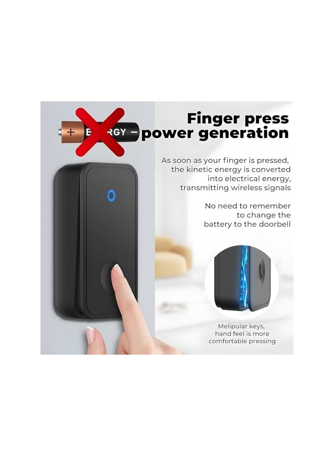 promass Wireless Doorbell, Black Waterproof Door Bell Kit with 2 Press Self-Powered Transmitter 1 Plug-in LED Flashing Receivers, 60 Chimes, 5 Level Volumes Ring Doorbell Wireless for Home, Office - Image 5